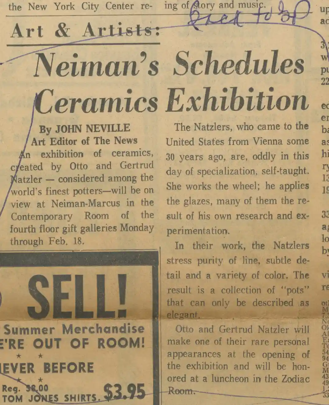 News: Art and Artists: Neiman's schedules ceramics exhibition