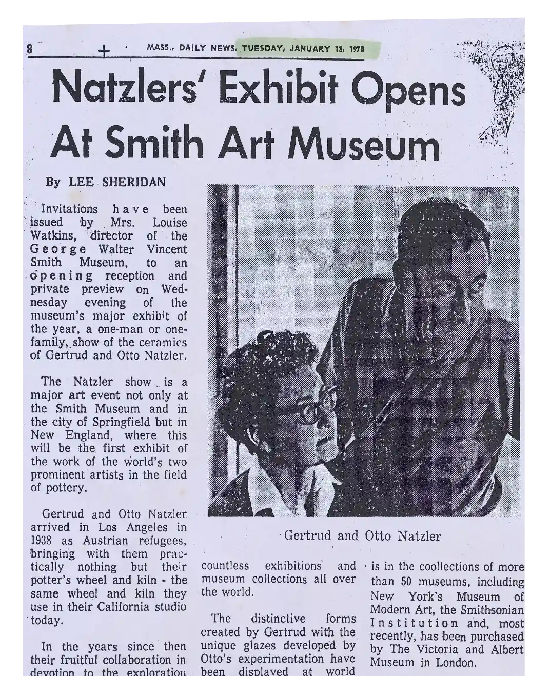 News: Mass. Daily News 1978: Natzlers' Exhibit